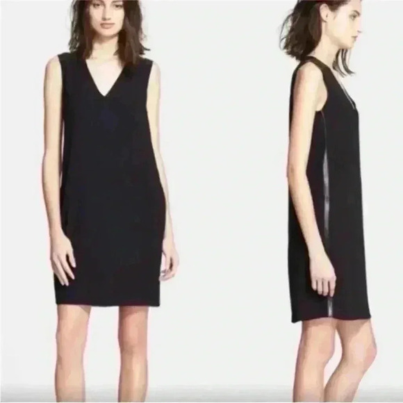 Vince Dresses & Skirts - VINCE Leather Trimmed Little Black Dress Sleeveless Minimalist V Neck Size 2